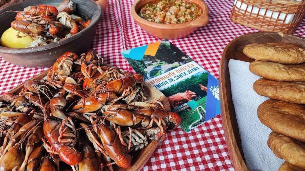 Camarones de río cocidos, pebre y sopaipillas sobre un mantel de cuadros, con un folleto de turismo de la comuna