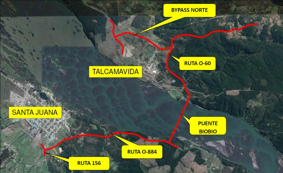 Esquema general del proyecto Puente Amdel entre Santa Juana y Talcamávida, con las rutas O-884, O-60, Ruta 156, bypass norte y puente Biobío