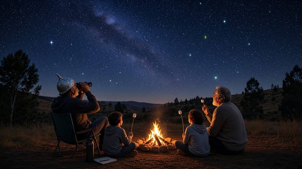 Una familia junto a una fogata bajo un cielo lleno de estrellas; a un lado, un hombre con gorro de papel aluminio mira el cielo con binoculares