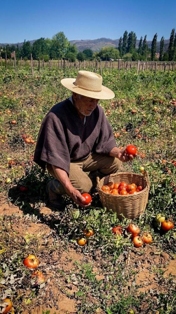Campesino con chupalla y manta cosechando tomates en un huerto, con álamos y cerros al fondo